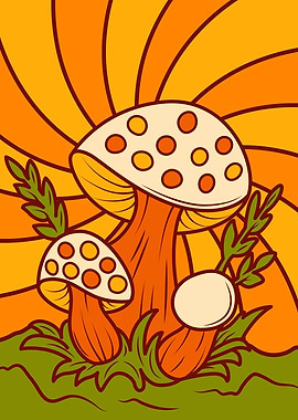 Retro Mushroom Illustration, Retro vintage mushroom