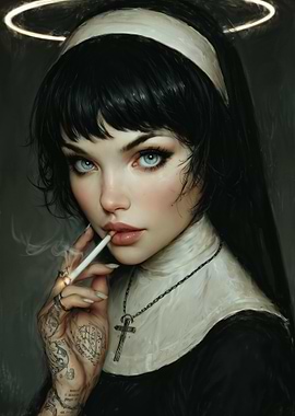 Tattooed Smoking Nun with Halo