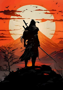 Samurai Silhouette Against Rising Sun