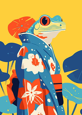 Tropical Frog in Kimono with Floral Design Minimalist Art Illustration