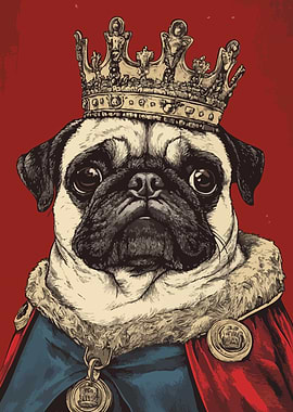 Funny Regal Pug Comic Portrait Art Ilustration