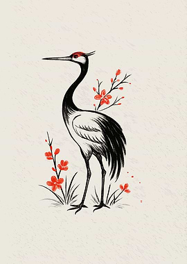 Elegant Crane with Red Flowers