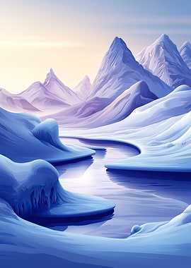 Snowy Mountain Landscape with River