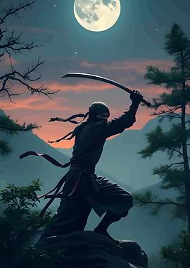 Ninja with Katana under Moonlight