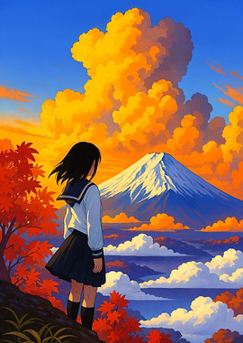 Anime Girl with Mount Fuji View