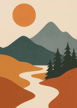 Minimalist Mountain Landscape with River