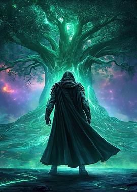 Mysterious Warrior Before Glowing Tree