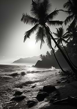 Monochrome Tropical Beach with Palm Trees