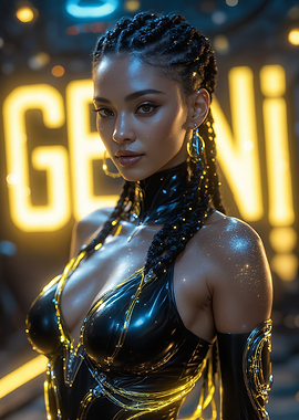 Zodiac Gemini Futuristic Woman with Braids and Neon