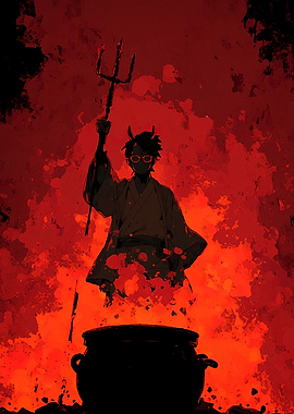 Devil with Pitchfork and Cauldron