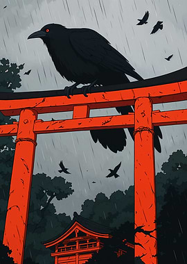 Raven on Torii Gate in Rain