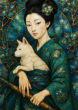 Abstract Fantasy #73 - Geisha with Dog and Kintsugi