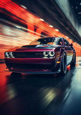 Red Dodge Challenger Speeding Through Tunnel
