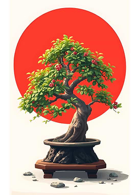 Bonsai Tree with Red Sun