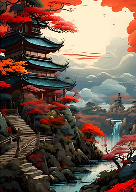 Japanese Pagoda Landscape with Waterfall