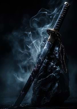 Katana Sword on Rock with Smoke