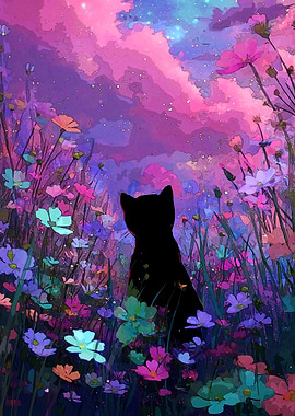Cat Colorful Flower Field