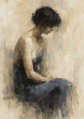 Seated Woman in Blue Dress Painting
