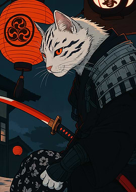 Samurai Cat with Katana and Lanterns