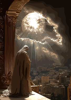Figure Gazing at Celestial Light over City