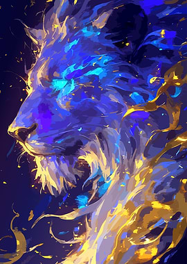 Abstract Blue and Gold Lion Portrait
