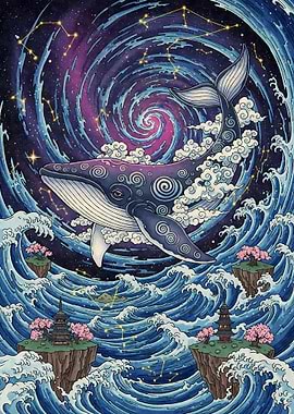 Cosmic Whale Amidst Ocean and Stars