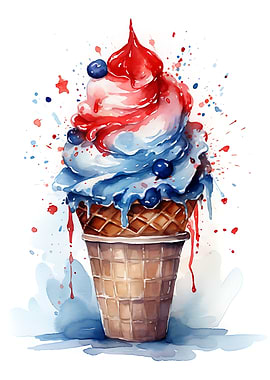 Patriotic Ice Cream Cone Watercolor