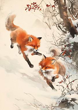 Two Foxes Winter Landscape