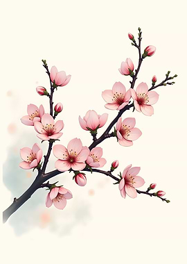 Pink Cherry Blossoms on Branch