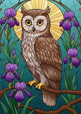 Owl and Iris Flower Art