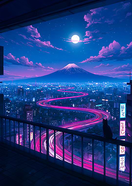 Night Cityscape with Mount Fuji