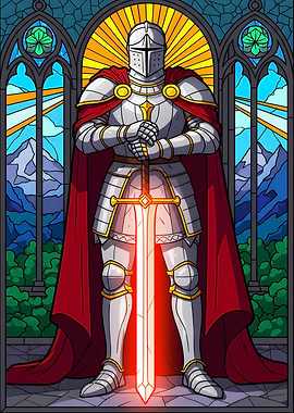 Stained Glass Knight with Glowing Sword