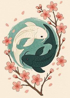 Yin Yang Koi Fish with Cherry Blossoms