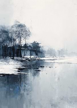 Winter Asian Landscape with Temple