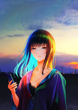 Anime Girl with Phone at Sunset