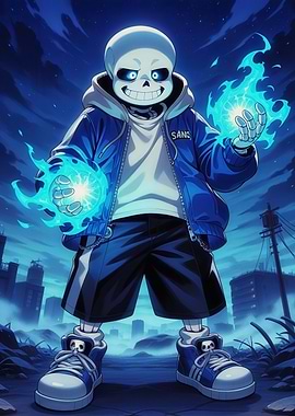 Sans from Undertale with blue flames