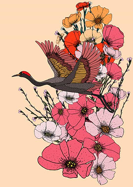 Crane in Flight with Floral Arrangement