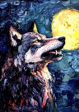 Wolf Howling at the Moon Painting