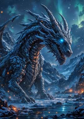 Icy Dragon in Winter Landscape