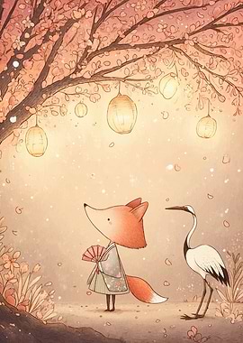 Fox, Crane, and Lanterns