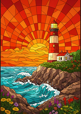 Stained Glass Lighthouse Coastal Scene