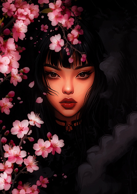 Asian Woman with Cherry Blossoms Portrait
