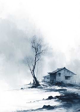 Monochromatic Landscape with House and Tree