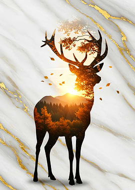 Deer Silhouette with Autumn Landscape