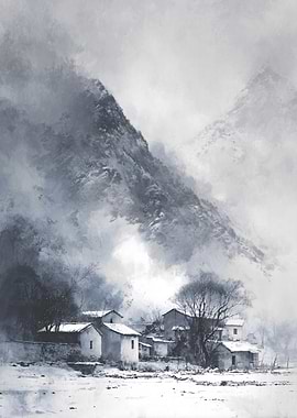 Monochromatic Mountain Village Landscape Painting