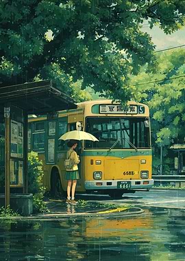 Rainy Day Bus Stop Scene
