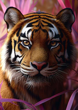 Tiger portrait with pink foliage