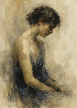 Pensive Woman in Blue Dress Painting