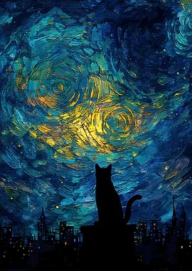 Cat Silhouette Starry Night Sky