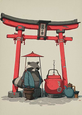 Raccoon at Japanese Torii Gate